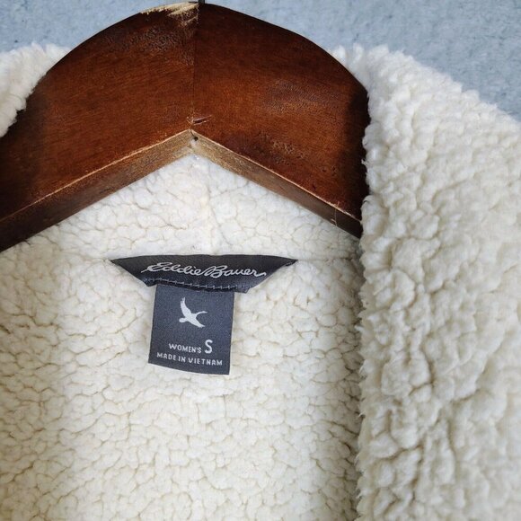 Eddie Bauer Cardigan Women Small Red Black Buffalo Check Sherpa Lined Open Front - Picture 5 of 13